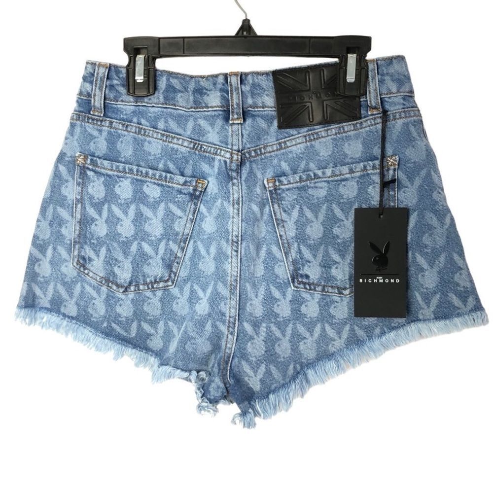 John Richmond x Playboy | Printed Fray High Rise Denim Shorts NWT - Picture 2 of 12